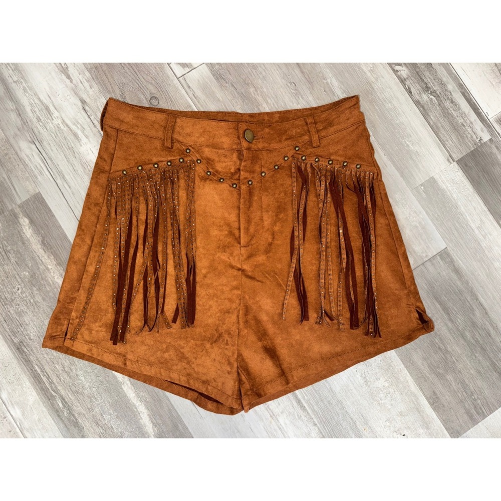 Blue B Collection Shorts Womens Cognac Faux Suede Fringe Studded Boho M